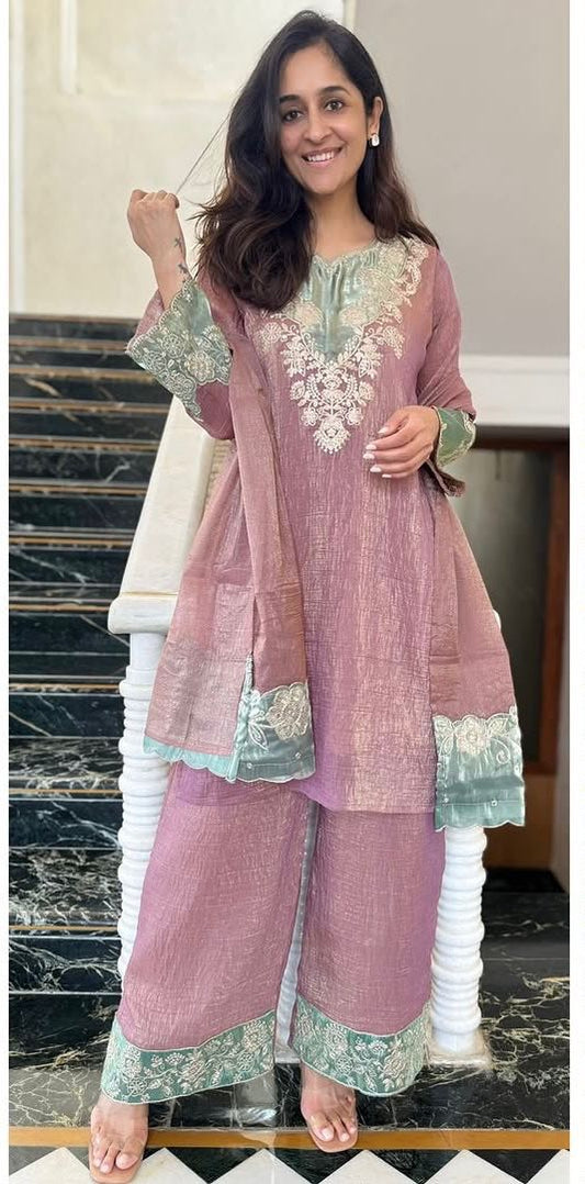 Designer Long Kurti Palazzo Set with Dupatta – Cutwork Embroidery