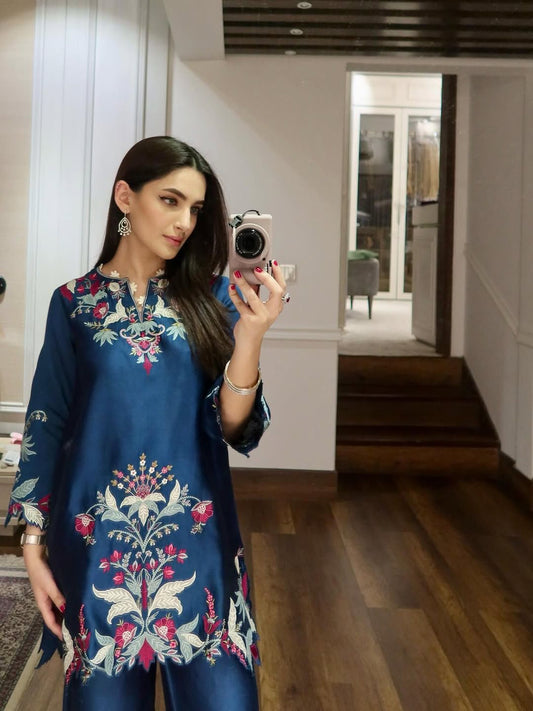 Women’s Embroidered Co-Ord Set with Cut Work | French Crepe Designer Top Palazzo Set