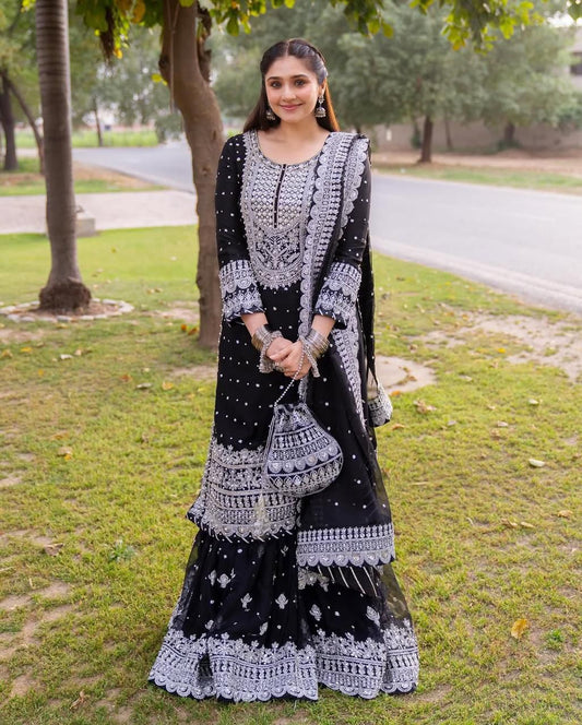Women’s Designer Sharara Suit Set with Embroidery Sequence Work & Dupatta | Fox Georgette Party Wear Outfit
