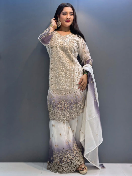 Women’s Dual Tone Georgette Kurti Palazzo Dupatta Set with Embroidery Sequence Work | Designer Party Wear Suit