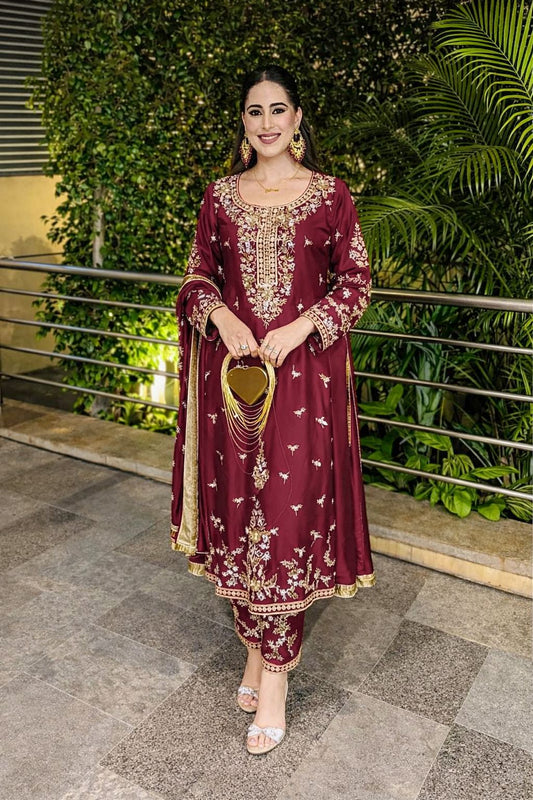 Women’s Heavy Roman Glass Silk Embroidered Kurti Palazzo Dupatta Set with Rainbow Sequence Work | Party Wear Ethnic Suit for Women