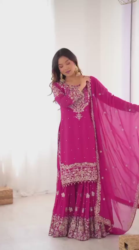 Premium Faux Georgette Sharara Set with Embroidered Dupatta – Designer Festive Wear