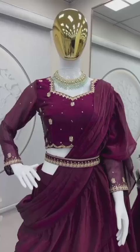 Designer Party Wear Lehenga Saree for Women – Two Tone Fandy Silk Embroidered Lehenga Choli with Dupatta